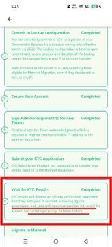 The image shows a Pi Network checklist featuring tasks like "Commit to Lockup configuration," "Secure Your Account," "Sign Acknowledgement," "Submit KYC Application," and "Migrate to Mainnet," with the "Watch for KYC Results" section highlighted in red. This relates to the post by emphasizing how policy violations can delay the KYC verification process, which is a critical step for Pi miners transitioning to the mainnet.