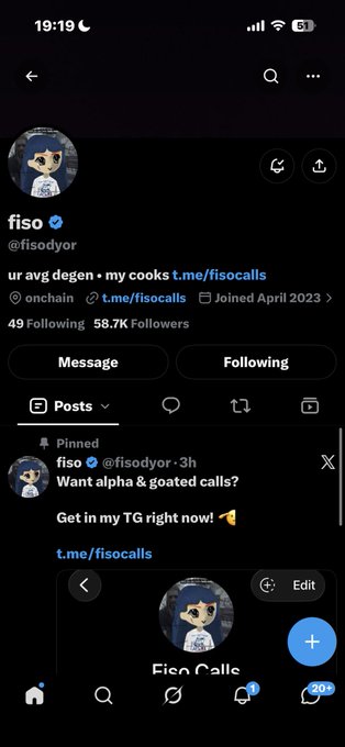 A screenshot of a Twitter/X profile for a user named 'fiso' (@fisodyor) with the bio 'ur avg degen • my cooks t.me/fisocalls', showing 58.7K followers and a pinned post advertising 'Fiso Calls' on Telegram.