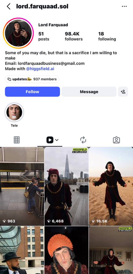 A screenshot of an Instagram profile for 'lord.farquaad.sol' (Lord Farquaad) with 98.4K followers, bio text 'Some of you may die, but that is a sacrifice I am willing to make', contact email, and a grid of AI-generated video thumbnails showing the Lord Farquaad character in various locations.