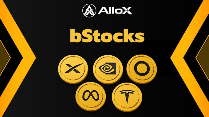 AlloX bStocks promotional graphic displaying five gold coins with logos for XRP, NVIDIA, Circle, Meta, and Tesla against a black background with yellow chevron arrows.