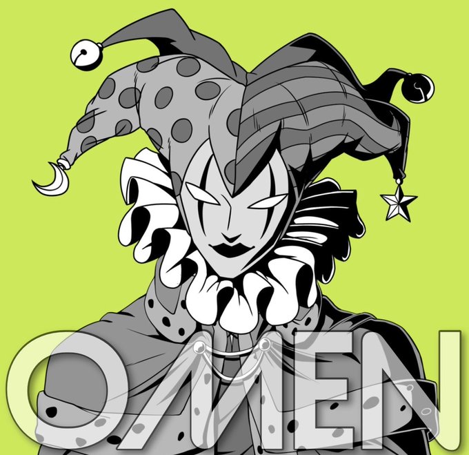 A black-and-white illustration of a jester wearing a multi-pointed hat and ruffled collar, with the word 'OMEN' overlaid across the bottom against a bright green background.