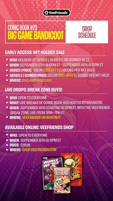 Pink and purple promotional graphic for VeeFriends Comic Book #20 'BIG GAME BANDICOOT' detailing a drop schedule with NFT holder early access, live drops, and online availability at shop.veefriends.com priced at $29.99.