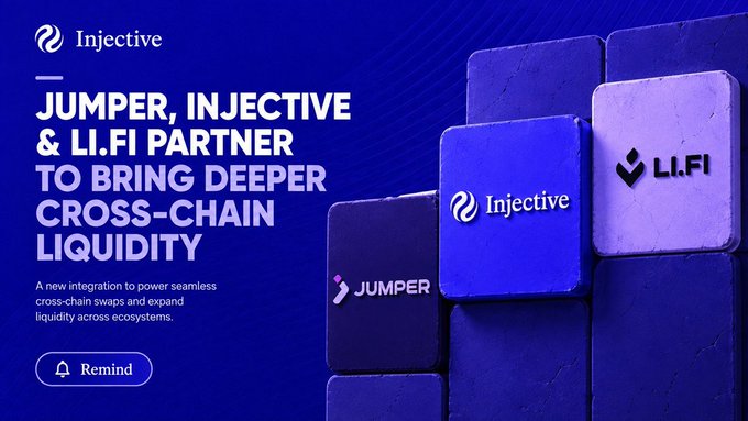 A promotional graphic for Injective announces a partnership between Jumper, Injective, and LI.FI to bring deeper cross-chain liquidity, featuring logos for all three brands on purple cubes against a blue background, with a reminder button at the bottom.
