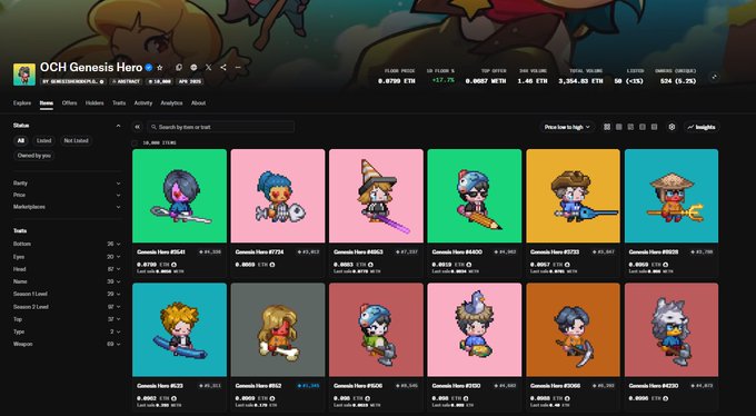 A webpage for the 'OCH Genesis Hero' NFT collection on Magic Eden shows various cartoon-style hero characters with traits and floor prices listed.