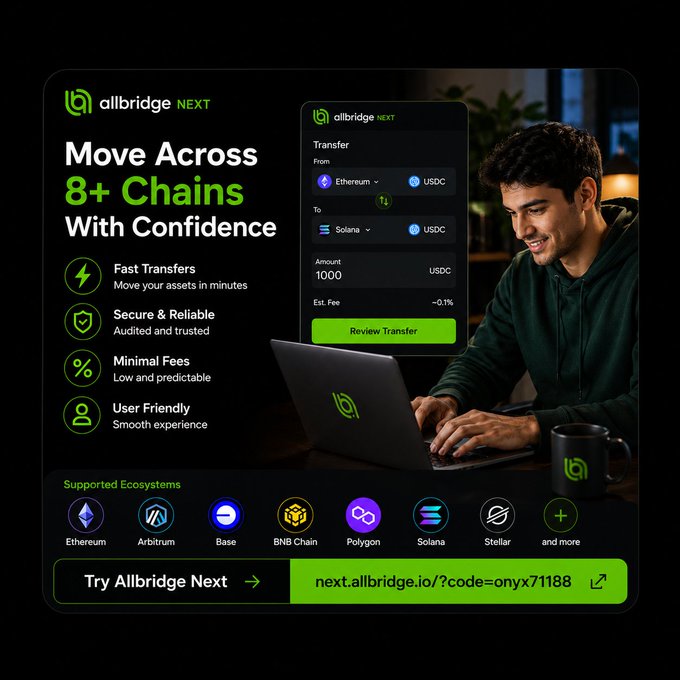 A promotional graphic for Allbridge Next showing a man smiling while using a laptop, with text highlighting "Move Across 8+ Chains With Confidence" and features like Fast Transfers, Secure & Reliable, Minimal Fees, and User Friendly, alongside a transfer interface displaying a 1000 USDC transfer from Ethereum to Solana and supported ecosystems including Ethereum, Arbitrum, Base, BNB Chain, Polygon, Solana, and Stellar. The image visually reinforces the post's message about Allbridge being a reliable tool for efficiently moving assets across multiple blockchain ecosystems.