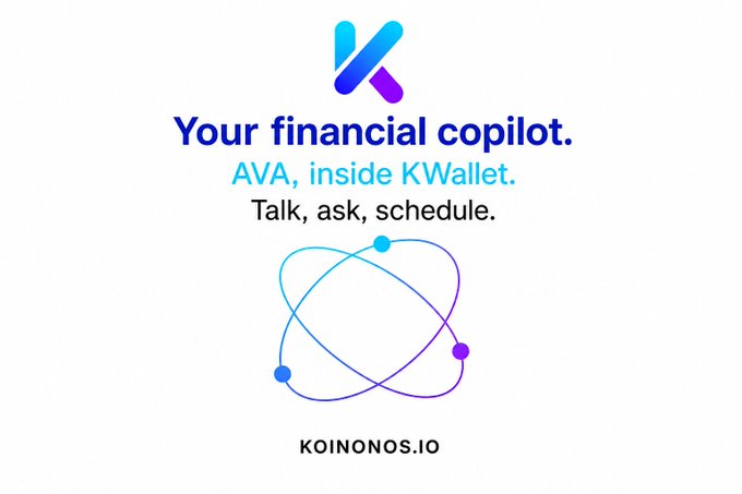 A promotional graphic for Koinonos.io featuring a blue-purple 'K' logo, the text 'Your financial copilot. AVA, inside KWallet. Talk, ask, schedule.', and an atom-like orbital design.