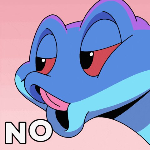 The image features a cartoon character with blue eyes, a big nose, and a mouth open wide as if making a silly face or speech. The caption below the image reads "No", which seems to be a reference to the character's facial expression or an attempt at humor. The text is in white, contrasting against the pink background of the image.