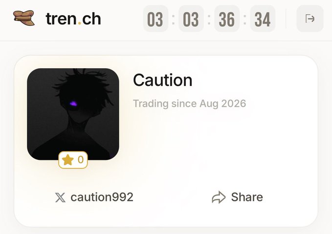 A Tren.ch profile page for 'Caution' (username caution992), shown as 'Trading since Aug 2026' with a dark avatar featuring a purple glowing eye.