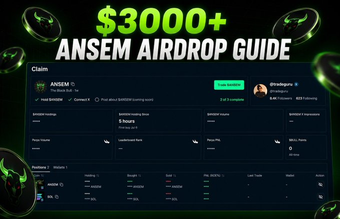 A graphic titled '$3000+ ANSEM AIRDROP GUIDE' showing a claim dashboard for the $ANSEM token via Tradeguru, with task checkboxes and token positions.