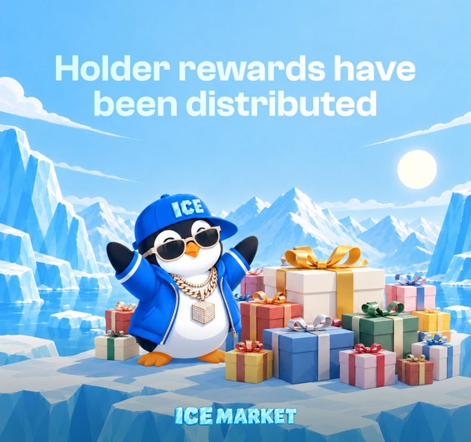 An advertisement for 'ICE MARKET' featuring a cartoon penguin wearing sunglasses and a blue jacket labeled 'ICE,' standing next to a pile of gift boxes with the text 'Holder rewards have been distributed' displayed against an icy mountain backdrop.