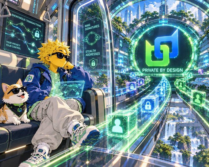 An anime-style illustration depicts a yellow-haired character wearing sunglasses sitting on a futuristic train beside a Shiba Inu dog, with visible screens displaying text including 'ANONYMOUS TRANSACTIONS', 'YOUR PRIVACY YOUR CONTROL', 'RING SIGNATURES', 'STEALTH ADDRESSES', and 'PRIVATE BY DESIGN'.
