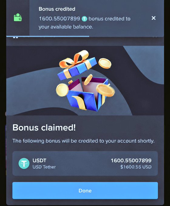 A mobile screenshot shows a notification that a 1600.55007899 USDT bonus has been credited to the user's account, confirming the $1,600 prize claim mentioned in the giveaway post. The image displays a "Bonus claimed!" confirmation with a 3D gift box graphic and a "Done" button.