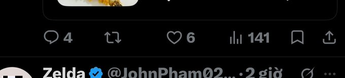 A Twitter/X post interface showing engagement metrics (4 comments, 6 likes, 141 views) from a verified user named 'Zelda @JohnPham02' posted 2 days ago.
