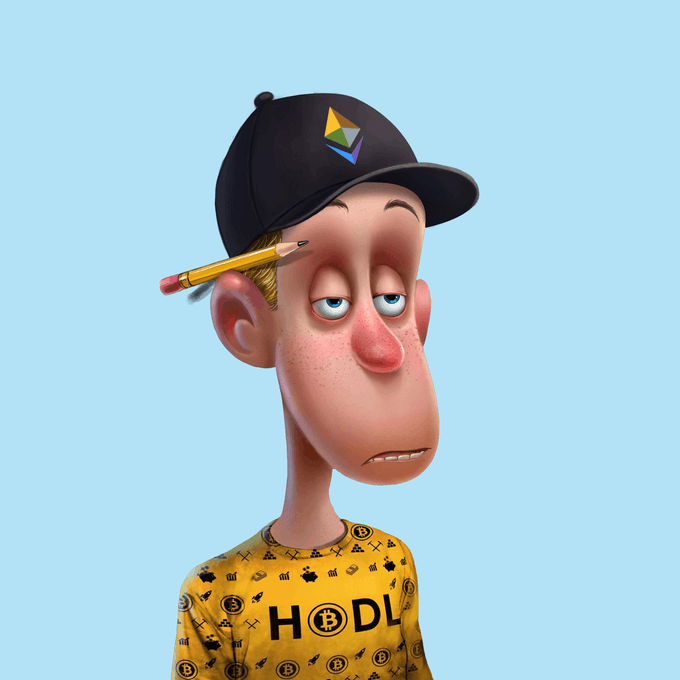 A 3D cartoon-style illustration of a tired-looking man wearing a black cap with an Ethereum logo, a pencil behind his ear, and a yellow shirt reading 'HODL' with Bitcoin patterns.