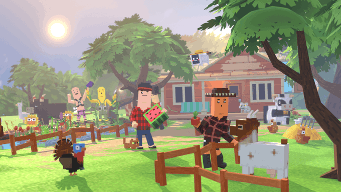 A vibrant, blocky, low-poly style farm scene featuring various characters holding items like a watermelon and a carrot, alongside farm animals including chickens, a goat, a cow, and a horse, set against a farmhouse.