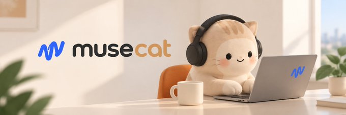 A cheerful cartoon cat wearing headphones works on a laptop beside the "muse cat" logo, visually representing the museagent brand referenced in the post about the catcoin launch tied to the 0x7a77fff7fef331b4369b79c02baa180d63a317a6 address.
