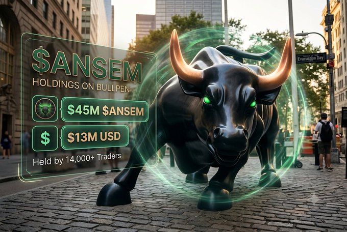 A digital advertisement featuring a charging black bull on a city street, promoting $ANSEM holdings on Bullpen with $45M $ANSEM and $13M USD held by 14,000+ traders.