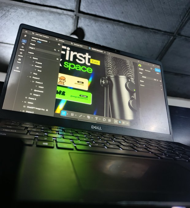 A Dell laptop displays Adobe Illustrator at 2:00am WAT, showing a graphic design project featuring a microphone and text reading "First space" with "@cryptomikeb" handles, reinforcing the creator's late-night claim of being a top designer on Crypto Twitter.