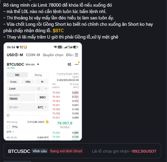 A screenshot of a Binance futures trading interface for BTCUSDC with Vietnamese commentary text above discussing the 78,000 price level and potential long squeeze.