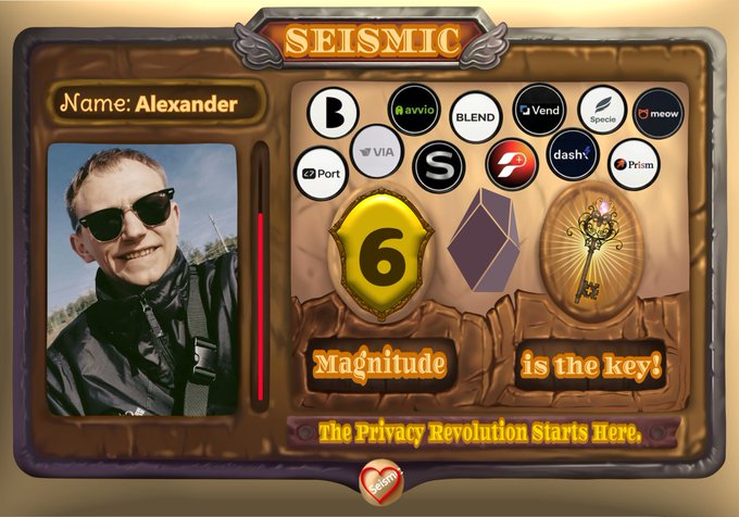 A promotional graphic for "SEISMIC" features a profile card for "Alexander" displaying his photo, a gold badge with the number "6," and various crypto project logos including VIA, Blend, Vend, and Prisma, with the tagline "The Privacy Revolution Starts Here" and "Magnitude is the key!"

The image appears to showcase Alexander's contribution or affiliation within the Seismic ecosystem, highlighting his user badge and connections to multiple crypto projects as shared in the accompanying promotional post.
