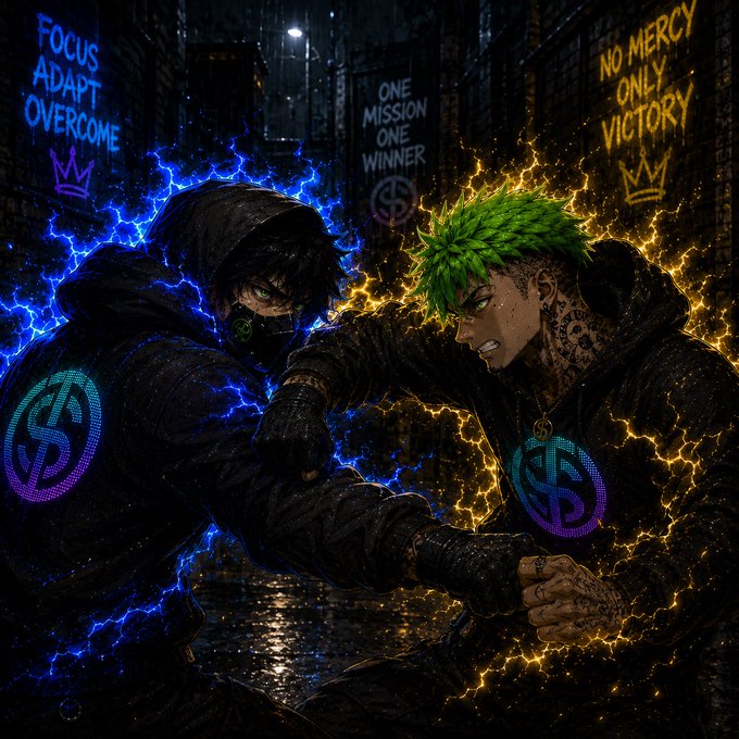 Two masked, hooded figures clash in a dark alleyway—one wreathed in blue lightning, the other engulfed in golden flames—both wearing glowing "$" dollar-sign emblems, with graffiti behind them reading "FOCUS ADAPT OVERCOME," "ONE MISSION ONE WINNER," and "NO MERCY ONLY VICTORY," visually capturing the bullish "GM winners" energy and confidence behind $STKR bags.