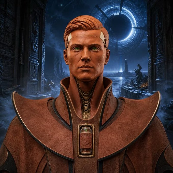 Sci-fi digital artwork featuring an orange-haired male character with cybernetic implants wearing a rust-colored armored outfit, set against a dark cosmic background with a glowing circular portal structure.