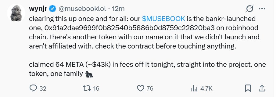 A tweet from verified user @musebooklol clarifies that the official $MUSEBOOK token on Robinhood chain uses contract address 0x91a2dae9699f0b82540b5886b0d8759c22820ba3, warning users to verify the contract due to an unaffiliated copycat token, and announces that 64 META (~$43k) in fees have been claimed and directed back into the project.