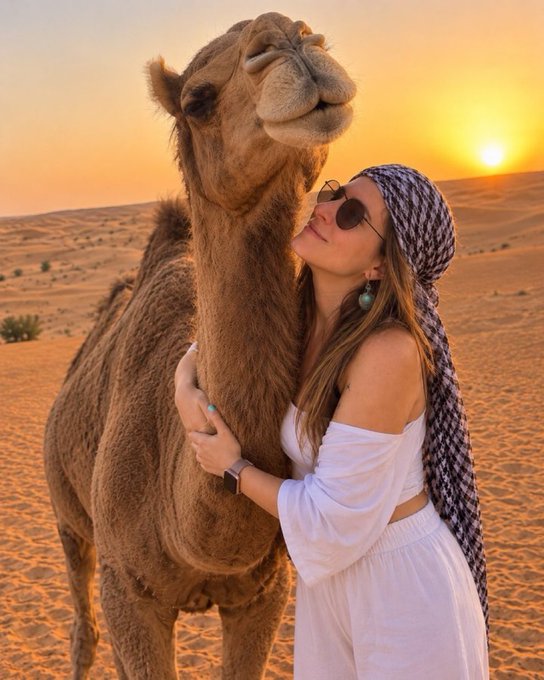 A woman in a white off-shoulder dress and patterned headscarf embraces a camel in the desert at sunset, with warm golden light bathing the sandy dunes behind them. The serene, adventurous desert scene captures a joyful midweek moment perfect for the "Gm fam & Happy Hump Day" vibe.