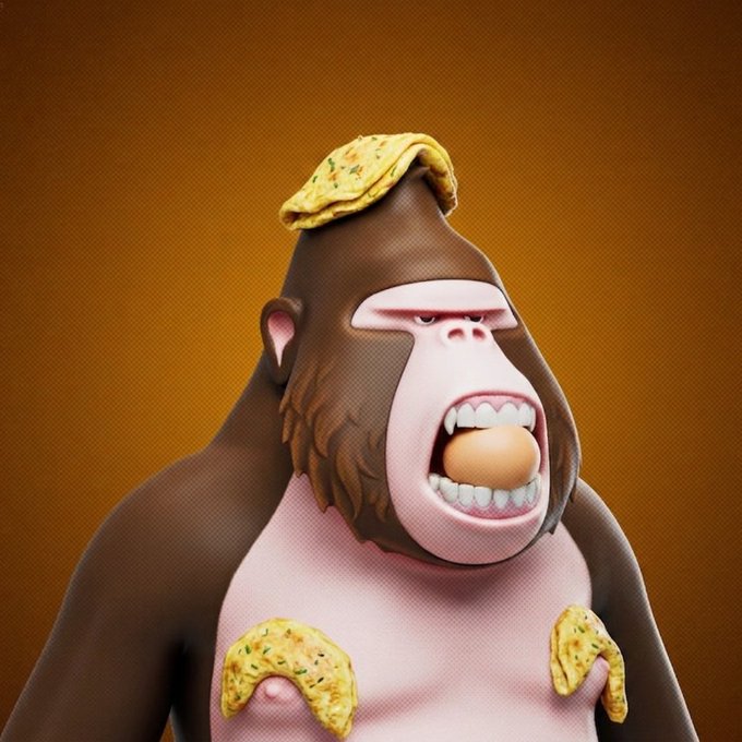 A cartoon gorilla with an omelet on its head appears to be eating an egg whole, humorously embodying the post's joke about diversifying failures by stuffing all your "eggs" into one giant omelet.