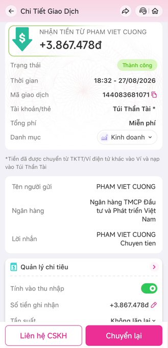 A mobile screenshot of a successful transaction on the MoMo app showing a transfer receipt for +3,867,478 VND received from Pham Viet Cuong at 18:32 on 27/08/2026. The image illustrates the user's point about withdrawing money via P2P on MoMo, demonstrating a completed transfer from a bank account into their "Túi Thần Tài" digital wallet.