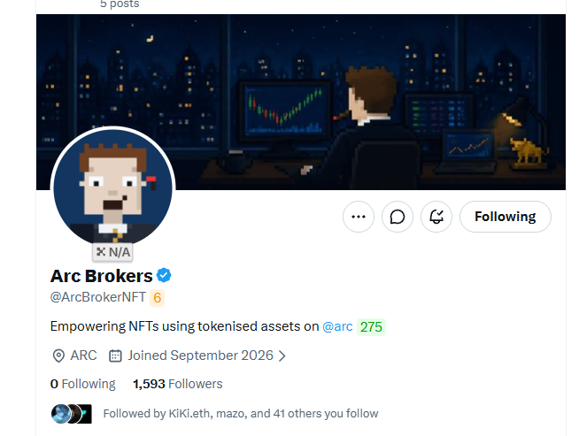 A Twitter/X profile page for "Arc Brokers" (@ArcBrokerNFT), a verified account with 1,593 followers focused on tokenized NFT assets.