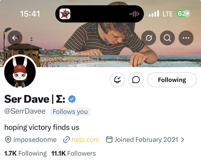 A Twitter/X profile screenshot for 'Ser Dave | Σ' (@SerrDaveee), showing 11.1K followers, joined February 2021, with the bio 'hoping victory finds us'.