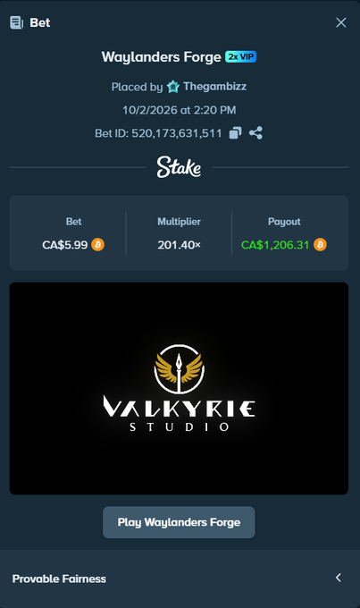 The image shows a Stake.com bet receipt for "Waylanders Forge" by Valkyrie Studios, placed by user "Thegambizz" on 10/2/2026 at 2:20 PM, featuring a CA$5.99 bet with a 201.40x multiplier yielding a CA$1,206.31 payout. This directly illustrates the post's winning gambling result, promoting the TGZZ referral code for double winnings on the next bet.