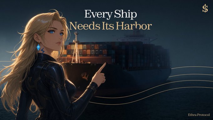 A blonde anime-style woman in a black wetsuit points toward a massive container ship at sea, with the headline "Every Ship Needs Its Harbor" and the Edhra Protocol logo/text in the corner. The nautical metaphor visually reinforces the post's point that stablecoins are like ships ferrying massive value across oceans but lack a productive "harbor"—capital infrastructure—to dock and create real economic value.