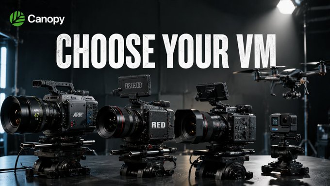A promotional image for Canopy showing four professional cinema cameras (ARRI, RED, and other brands) lined up with the bold text "CHOOSE YOUR VM" across the top.