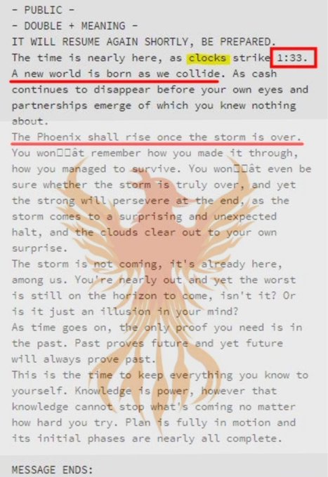 The image shows a cryptic text message with key phrases underlined in red: "as clocks strike 1:33," "A new world is born as we collide," and "The PhoeniX shall rise once the storm is over," framed between section headers "- PUBLIC -" and "- DOUBLE + MEANING -." The message discusses themes of a storm, transformation, and a phoenix rising, which directly aligns with the post's claim about a stock market collapse and the rise of PhoeniX at 1:33, suggesting the image is the original source of the "As clocks strike 1:33" meme.