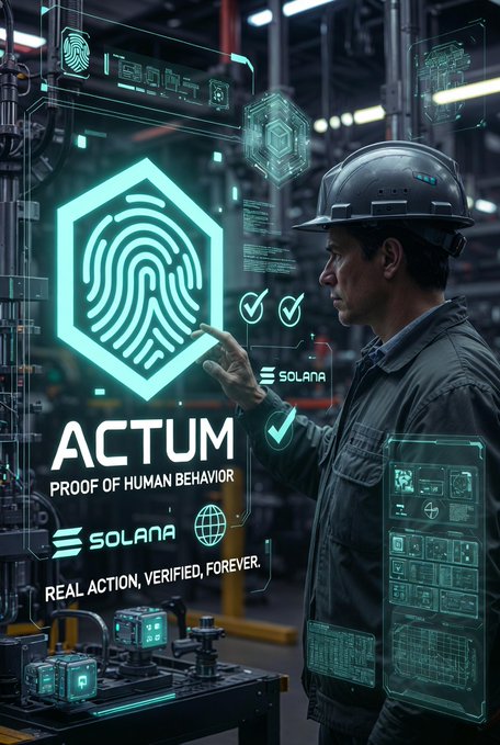 A futuristic promotional graphic for 'ACTUM' featuring a worker in a hard hat interacting with a holographic fingerprint interface, branded with 'SOLANA' and the tagline 'PROOF OF HUMAN BEHAVIOR' and 'REAL ACTION, VERIFIED, FOREVER.'