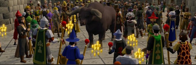 A crowd of colorful wizard characters wearing pointed hats and robes gathered in a circle with lit candles and torches around a large bull in a medieval-style setting, serving as the new banner image for the Solana token $BRUTUS on Moby.