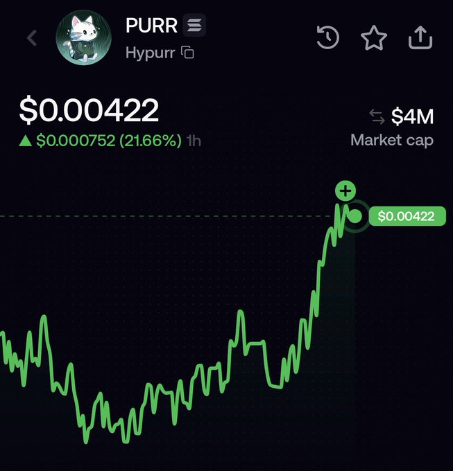 A cryptocurrency price chart showing PURR (Hypurr) trading at $0.000422 with a 21.66% increase in 1 hour and a $4M market cap.