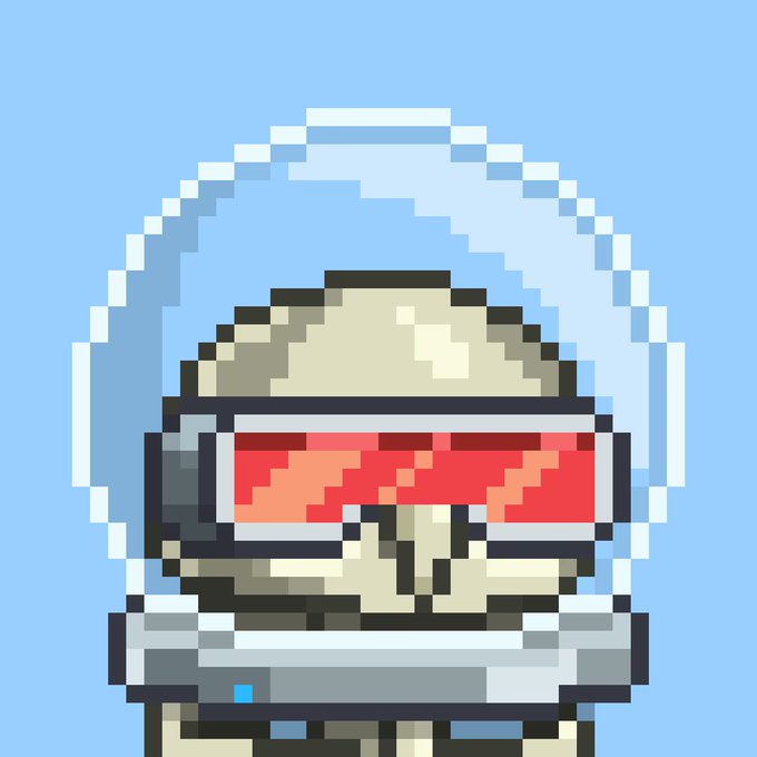 A pixel art illustration of a skull character wearing a transparent dome helmet and red visor against a light blue background.