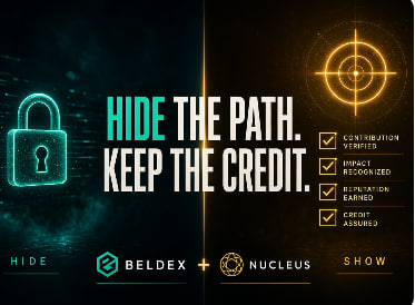 A digital advertisement reading 'HIDE THE PATH. KEEP THE CREDIT.' featuring logos for BELDEX and NUCLEUS, with checkmarks indicating 'CONTRIBUTION VERIFIED', 'IMPACT RECOGNIZED', 'REPUTATION EARNED', and 'ANONYMITY ASSURED'.