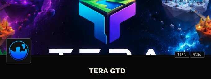 A colorful esports-style broadcast graphic shows a large blue-purple T logo against a cosmic fantasy background, with a blue circular icon at lower left and the text “TERA,” “MANA,” and “TERA GTD.”