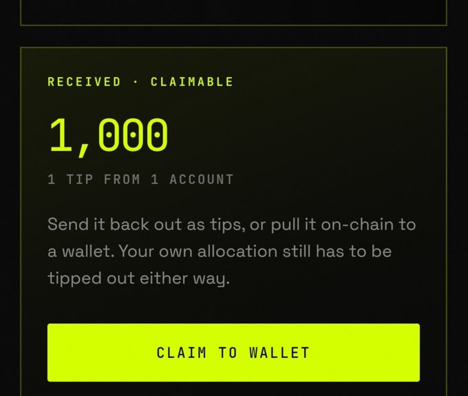 A digital wallet interface displaying a 'RECEIVED · CLAIMABLE' notification for 1,000 tokens received as 1 tip from 1 account, with options to 'CLAIM TO WALLET' or send them back out as tips.