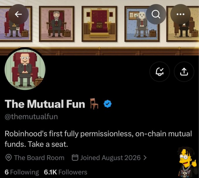 Twitter/X profile page for 'The Mutual Fun' (@themutualfun) described as 'Robinhood's first fully permissionless, on-chain mutual funds. Take a seat.' with 6.1K followers, joined August 2026.