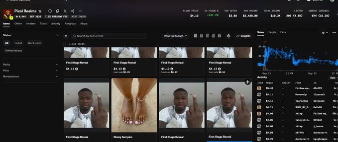 A screenshot of the Pump.fun website displaying the 'Pixel Realms' memecoin page, featuring a grid of meme images and a price chart.