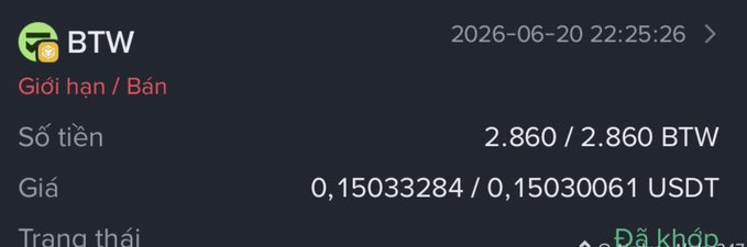 A transaction screen showing the purchase of BTW tokens, with details including 'Giới hạn / Bán' (Limit/Sell), 'Số tiền' (Amount) of 2.860/2.860 BTW, price 0.15033284/0.15030061 USDT, dated 2026-06-20 22:25:26, with 'Đã khớt' (Matched) status.