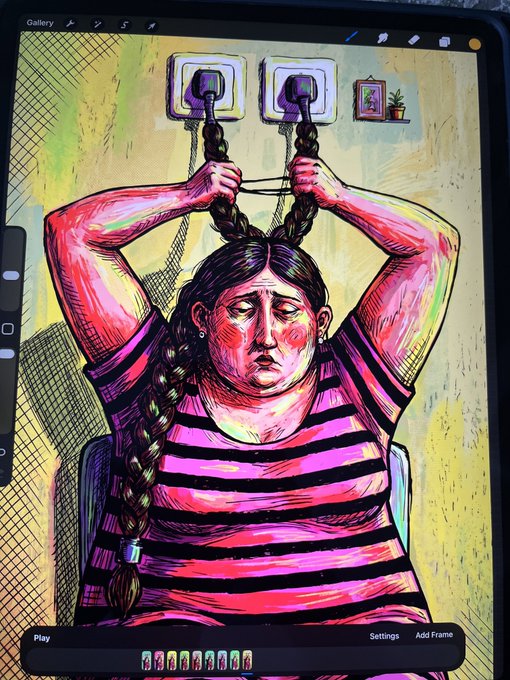 A digital illustration on a tablet of a person with braided hair holding two plugs by their cords around their neck, wearing a pink and black striped shirt.