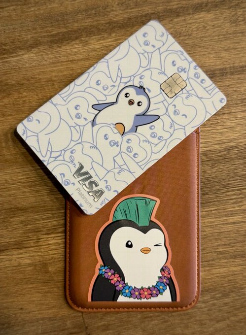 A Visa Platinum credit card with a piñata-themed design rests on a brown leather cardholder featuring a matching penguin character with a green crest and floral lei.