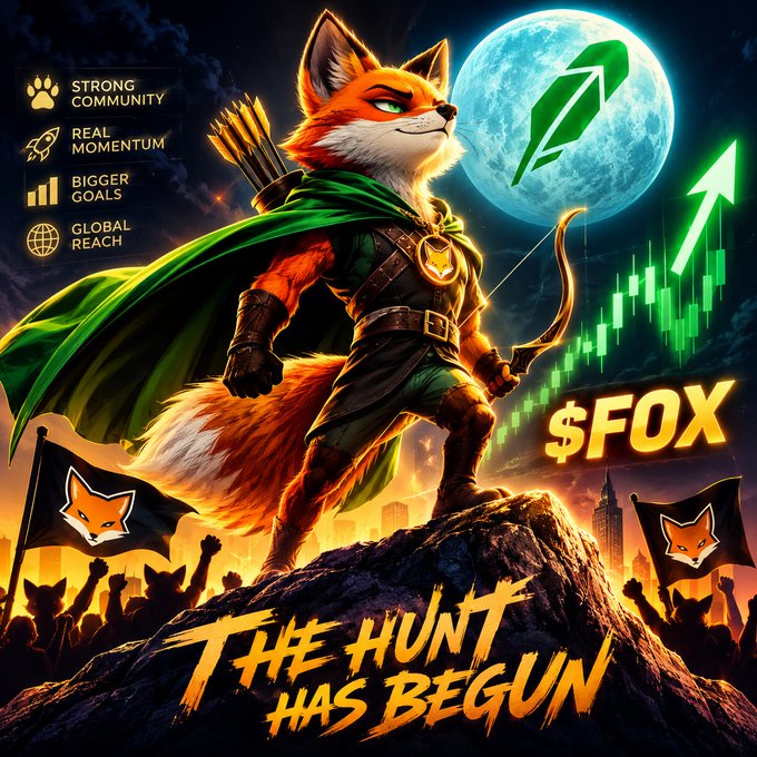 An illustrated fox archer stands atop a rock with a green upward arrow, moon, and rising chart, with text including 'STRONG COMMUNITY', 'REAL MOMENTUM', 'BIGGER GOALS', 'GLOBAL REACH', '$FOX', and 'THE HUNT HAS BEGUN'.