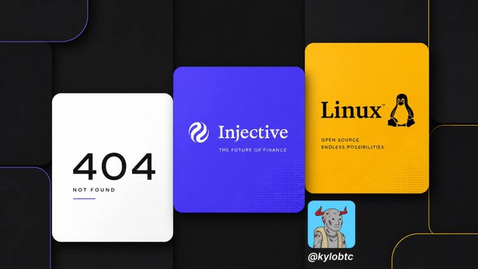 A digital graphic featuring four rounded rectangular cards on a dark background: a white '404 NOT FOUND' card, a blue 'Injective - THE FUTURE OF FINANCE' card, a yellow 'Linux - OPEN SOURCE, ENDLESS POSSIBILITIES' card with the penguin mascot, and a small Doge meme icon labeled '@kylobtc'.